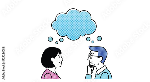 Man and woman having conversation with thought bubble above them in vector illustration design