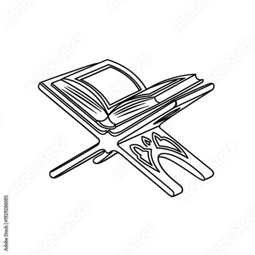 An open book rests on a stand with a pen nearby line art