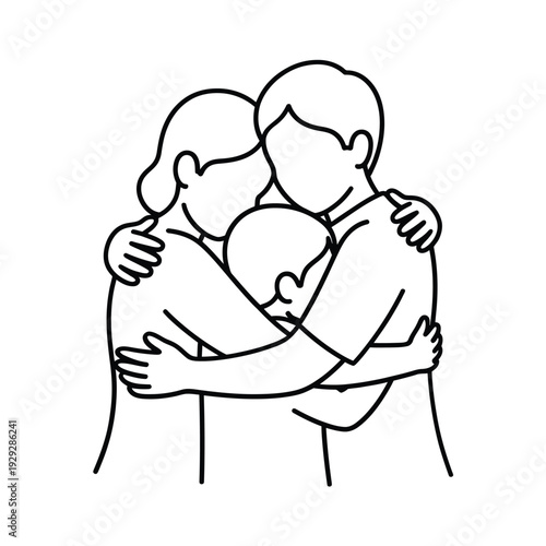 A minimalist line drawing depicts a couple embracing tenderly