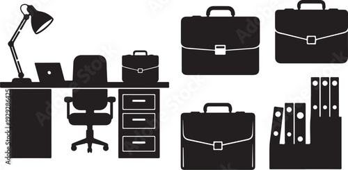 Office workspace with briefcases and business equipment icons