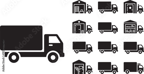 Delivery truck icons and warehouse loading symbols illustration set