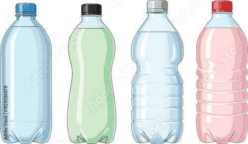 Four plastic bottles with different colored liquids and caps water bottles soda bottles bottle caps
