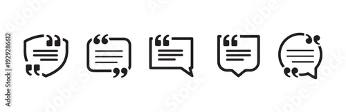 Five quote mark speech balloon graphics collection with varied borders and text blocks