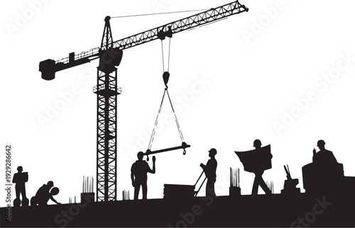 Black silhouette construction site with crane and workers