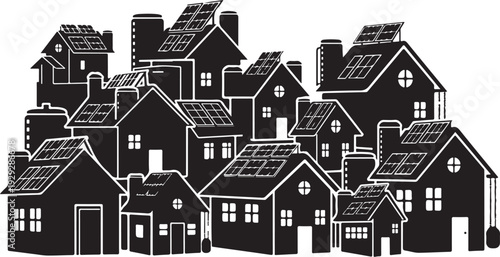 Black and white illustration of a residential neighborhood community