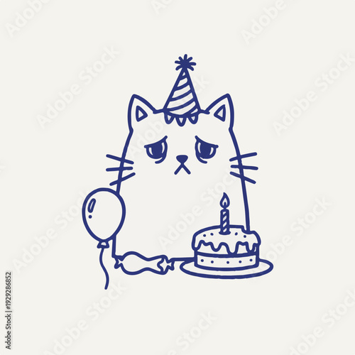 Blue Line Art Sad Cat with Party Hat and Cake for Relatable Social Media Content and Anti-Birthday Humor Cards