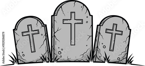 Gray tombstones with crosses on white background graveyard cemetery