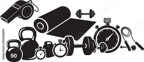 Fitness equipment and workout tools in black and white