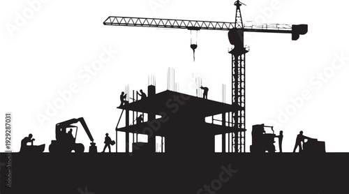 Black silhouette construction site with crane and workers