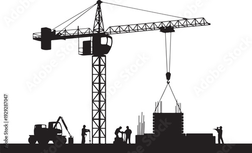 Black silhouette construction site with crane and workers