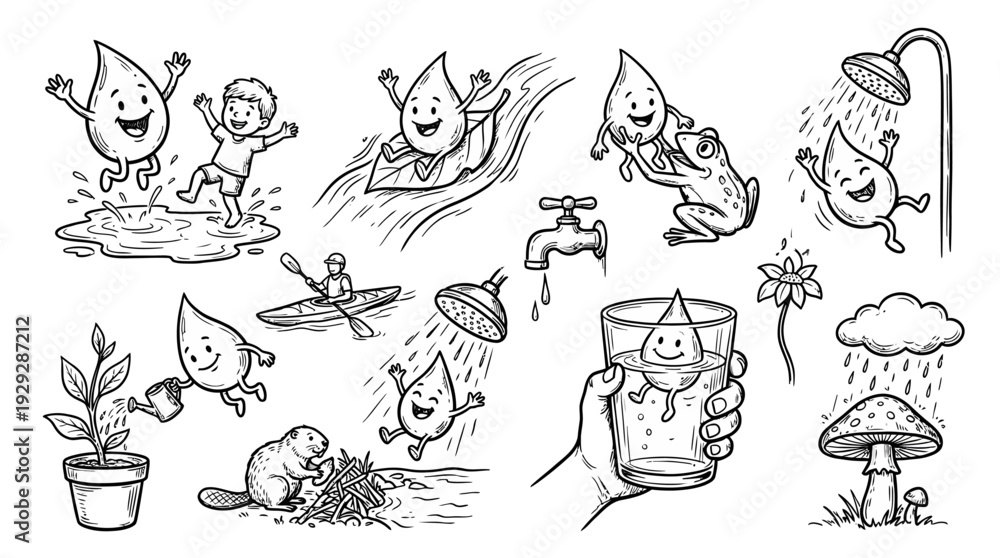Fototapeta premium Happy Water Droplets Playing with Child, Plants, Animals, and Home Items, representing Water Life, Conservation, and Purity. Hand Drawn Sketch Black White Vector Set.