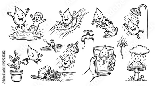Happy Water Droplets Playing with Child, Plants, Animals, and Home Items, representing Water Life, Conservation, and Purity. Hand Drawn Sketch Black White Vector Set.