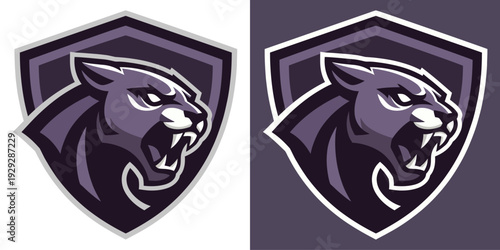 Two purple panther head mascot logos on shield shapes with white outlines