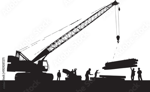 Black silhouette construction site with crane and workers