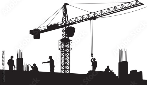 Black silhouette construction site with crane and workers