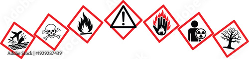 Hazard warning signs with crash, toxic, fire, caution, burn, radiation and tree symbols