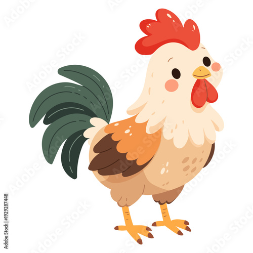Vector illustration of cute rooster. Cartoon character of farm animal. Concept for kids print, children book, educational cards and patterns.