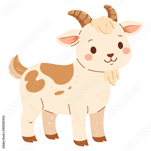 Vector illustration of cute goat. Cartoon character of farm animal. Concept for kids print, children book, educational cards and patterns.
