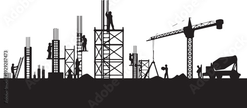 Black silhouette construction site with cranes and workers