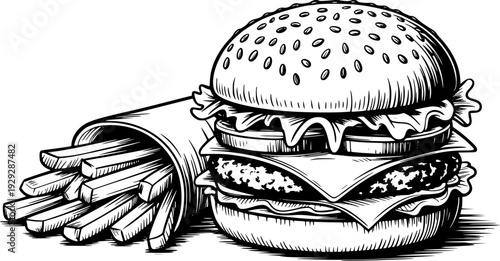 Detailed Black and White of a Classic Hamburger and French Fries a White Background