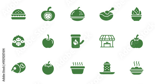 Collection of Green Food Icons on White.