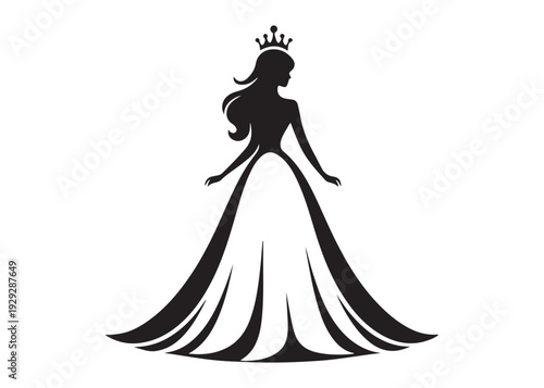 fairytale princess logo silhouette vector, beauty queen head logo silhouette vector, queen logo with a crown on her head, beauty queen luxury dress vector logo silhouette design on white background