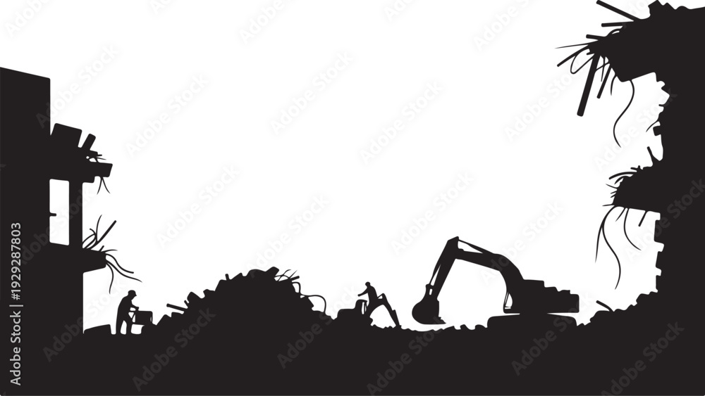 Obraz premium Black silhouette construction site with excavator and workers