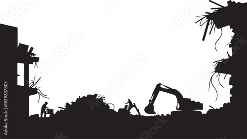 Black silhouette construction site with excavator and workers