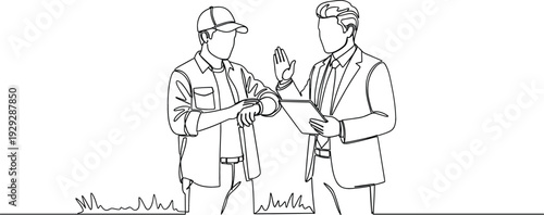 Businessman and farmer standing in field discussing agricultural technology and smart farming production with a digital tablet device.