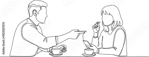 Single line drawing of a man and woman having coffee and looking at a smartphone for social lifestyle.