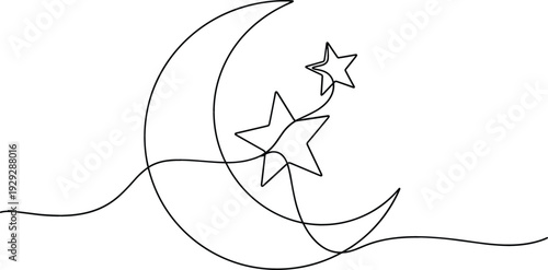 Continuous line drawing of a crescent moon and stars for nighttime sleep and celestial dream concepts
