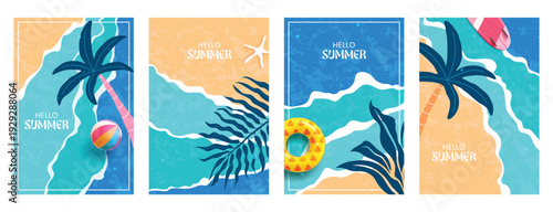 Hello summer greeting clipart poster set. Summer text with tropical elements clip art collection in colorful beach abstract background for poster template vector illustration.