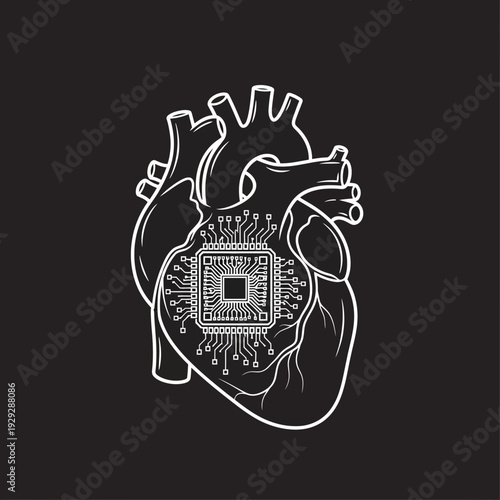 Digital heart An intricate illustration merging human anatomy with complex circuit board technology, representing the future of medical innovation, bionic organs, and cybernetic advancements