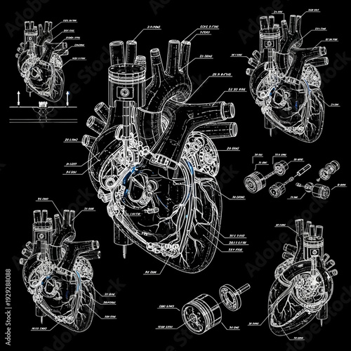 Detailed schematic illustration showcasing the intricate fusion of human anatomy and advanced mechanical engineering in a conceptual bionic heart design blueprint
