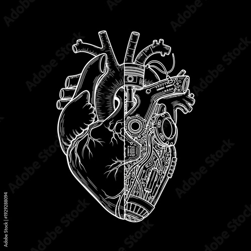 Intricate illustration of a human anatomical heart integrated with mechanical engineering, symbolizing the powerful fusion of biology and advanced bionic technology