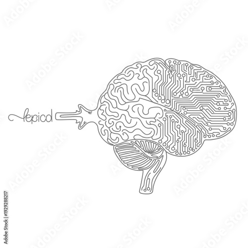 Stylized illustration of a human brain with integrated circuit board designs, representing the fusion of biological intelligence and digital processing for topical knowledge analysis