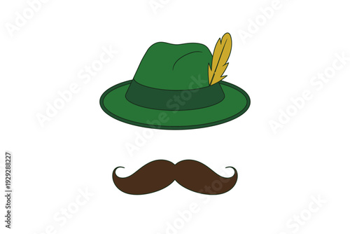 Green hat with yellow feather and brown mustache white background