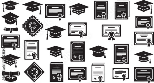 Graduation icons and certificates in black and white