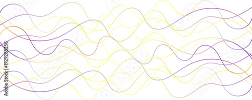 Overlapping thin wavy line pattern in yellow and purple. Abstract intersecting curves for modern background design