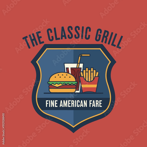 Classic Grill Logo with Burger and Fries.