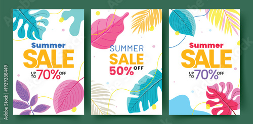 Summer sale vector banner set. Summer sale text with 70% off promo offer for flyers, brochure and ads. Vector illustration summer banner advertisement. 
