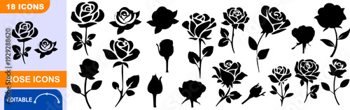 Black silhouette rose flower icons collection, Set of 18 floral rose silhouettes for vector design