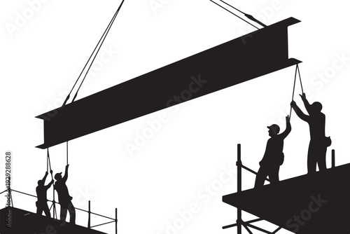 Black silhouette construction workers moving beam with crane