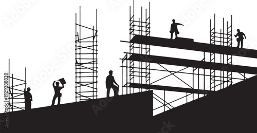 Black silhouette construction workers on scaffolding