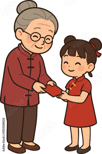 Lunar New Year Grandmother Giving Red Envelope to Child Design