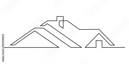 Black outline of a house roof with chimney on white background home building