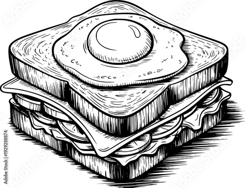 Hand Drawn Black and White of a Stacked Breakfast Sandwich with Fried Egg and Cheese