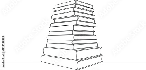 Continuous line drawing of a large stack of books for education learning academic research and library concepts