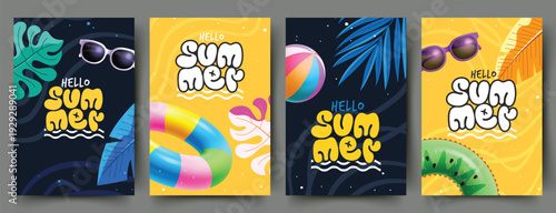 Summer hello poster vector set design. Hello summer text greeting with sunglasses, inflatable rings, beach ball, and tropical leaves elements. Vector illustration summer greeting. 
