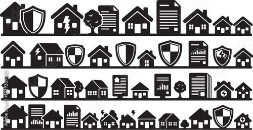 Black and white icons of houses with shields protection